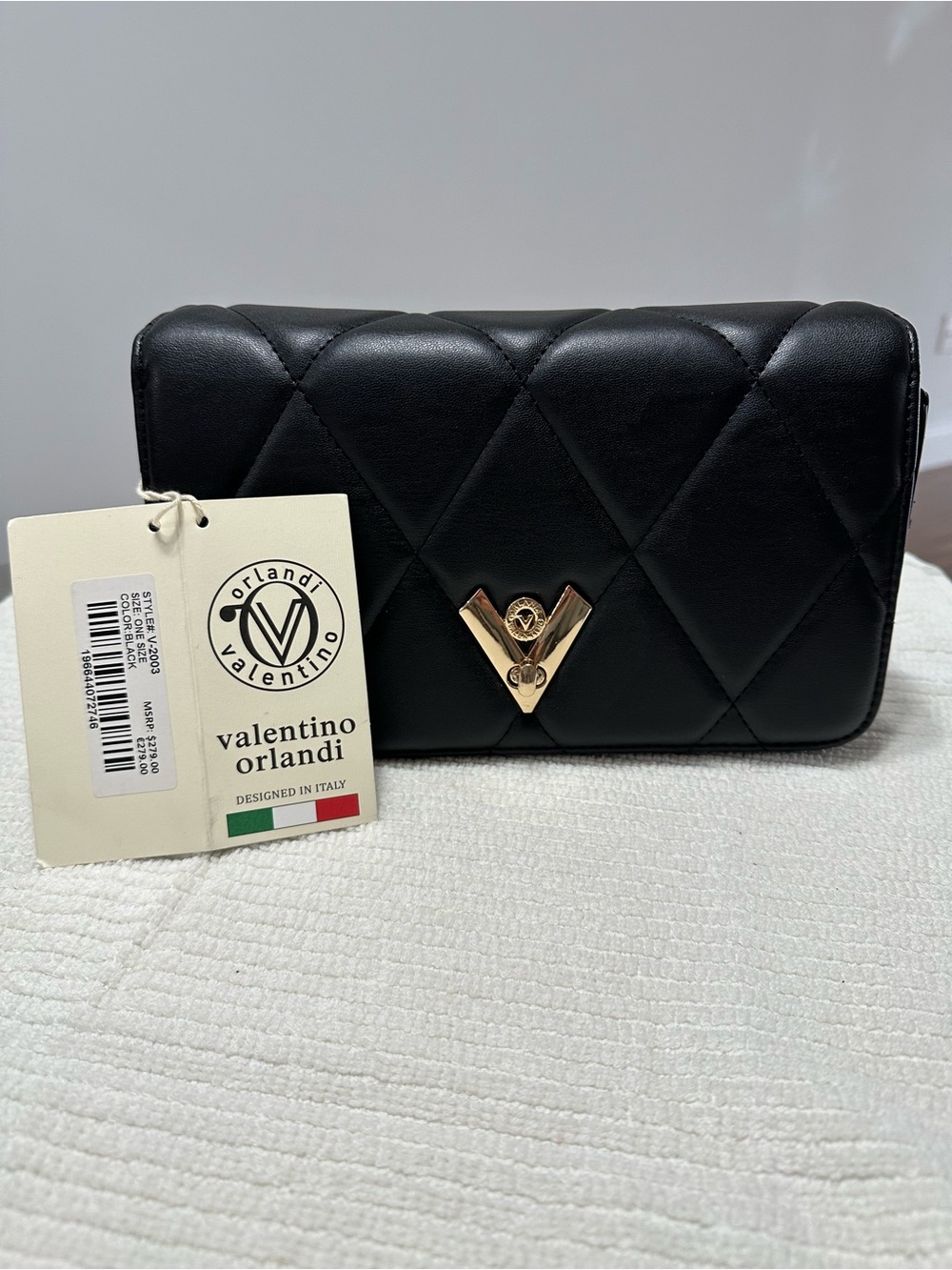 Valentino Orlandi Black Quilted Clutch with Gold V-Logo